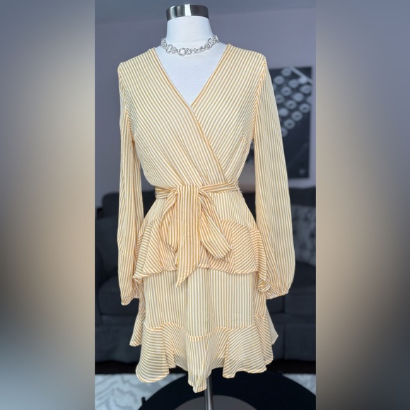 Leith Yellow & White Striped Long Sleeve Wrap Mini Dress – Size Small Romantic - Picture 2 of 4